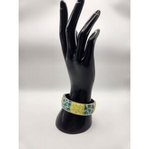 Viva Beads Hinged Bangle Bracelet Floral Botanical Green Yellow Silver Tone